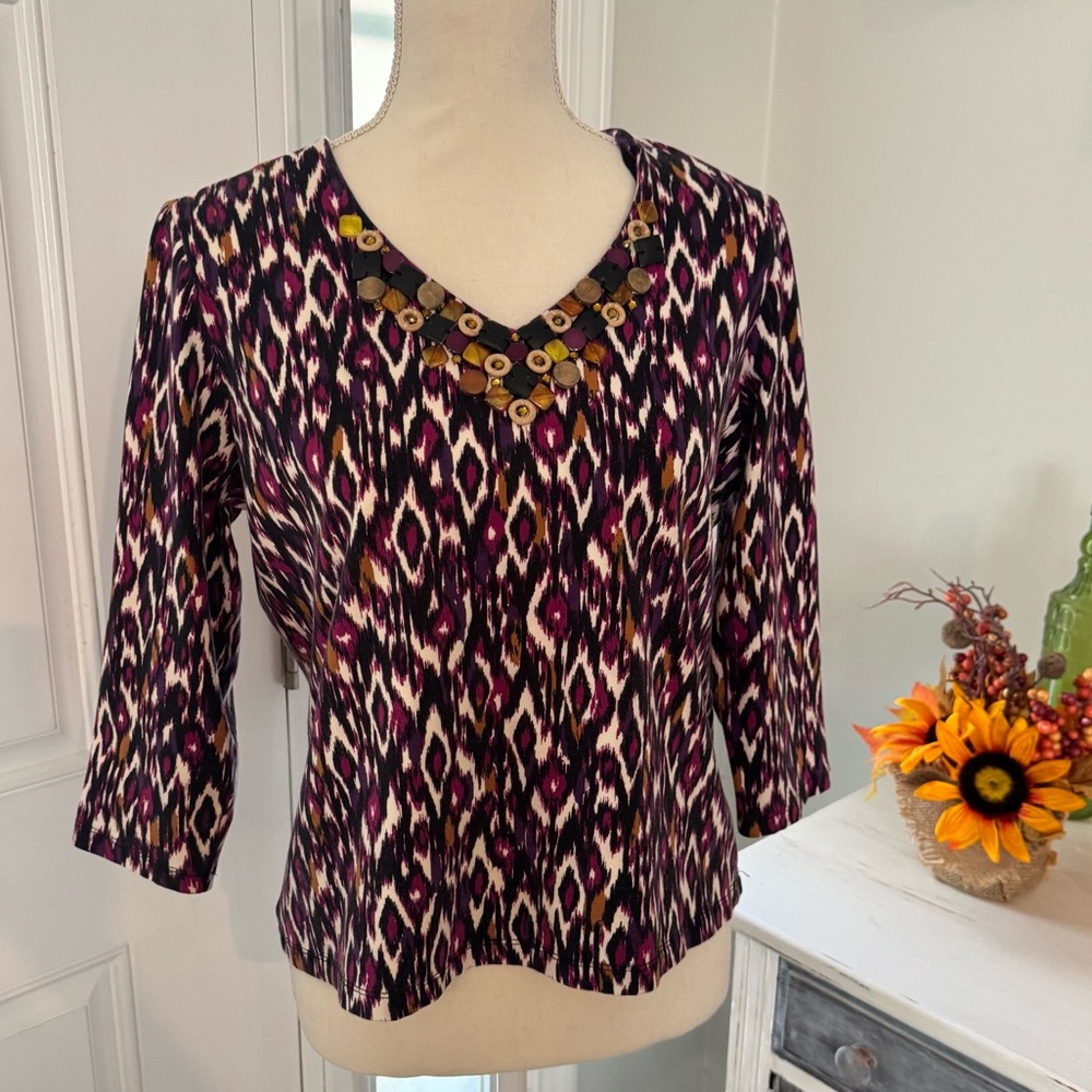 Ruby Rd. Purple Animal Print Blouse with Embellishment – Size Petite Large (PL)